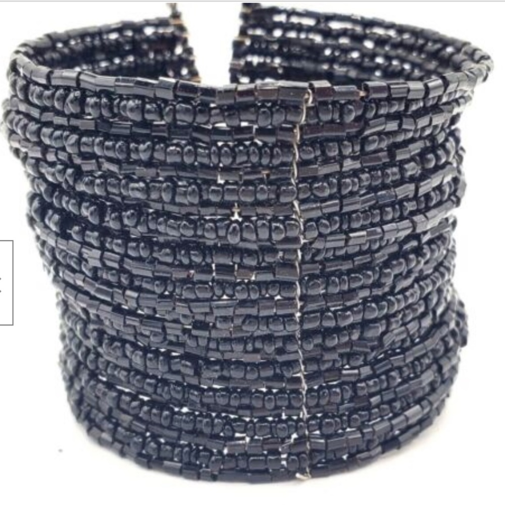 Vintage Handcrafted Cuff Bracelet Black Seed Bead Memory Wire Stretch